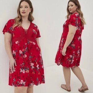 NWT Torrid Flutter Sleeve Lace-Up Skater Dress Gauze Floral Red Women Size 6X‎